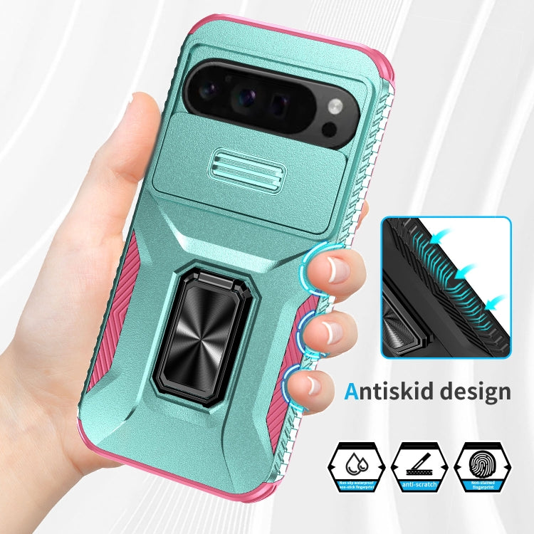 For Google Pixel 9 Pro XL Sliding Camshield Holder Phone Case(Grey Green + Pink)