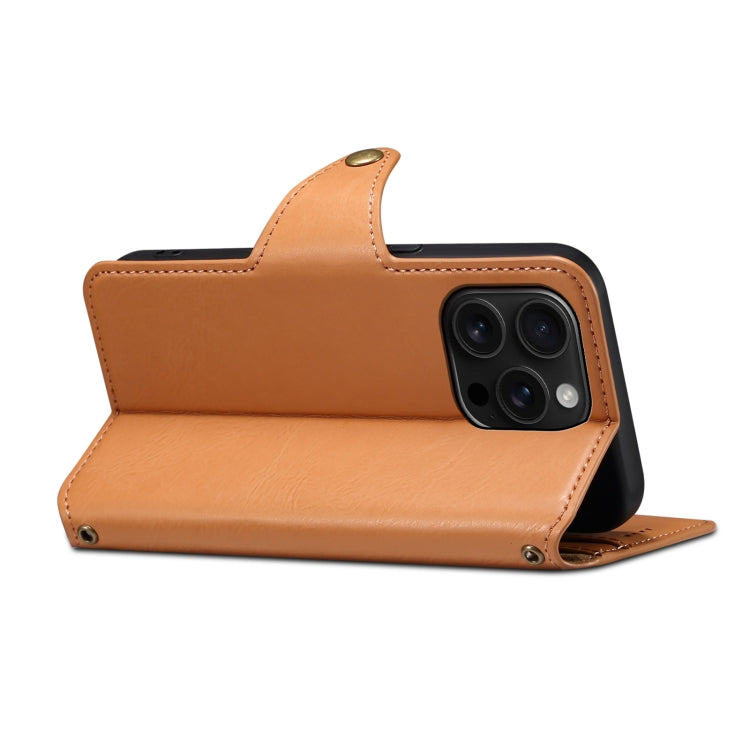 For iPhone 16 Pro Max Denior Cowhide Texture Wallet Style Leather Phone Case(Khaki)