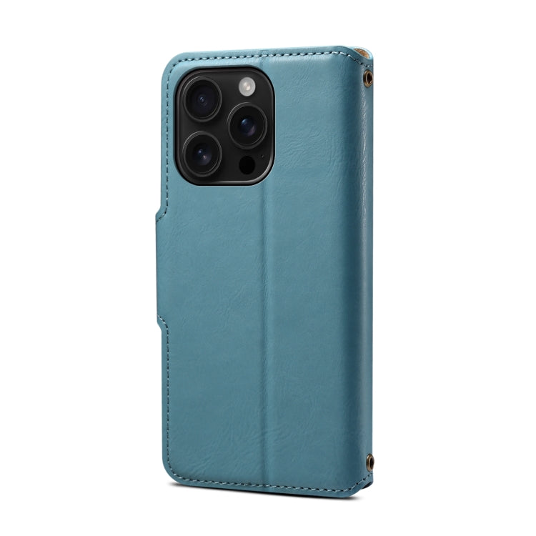 For iPhone 16 Pro Denior Cowhide Texture Wallet Style Leather Phone Case(Blue)