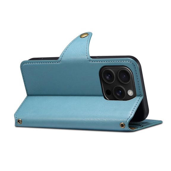 For iPhone 16 Pro Denior Cowhide Texture Wallet Style Leather Phone Case(Blue)