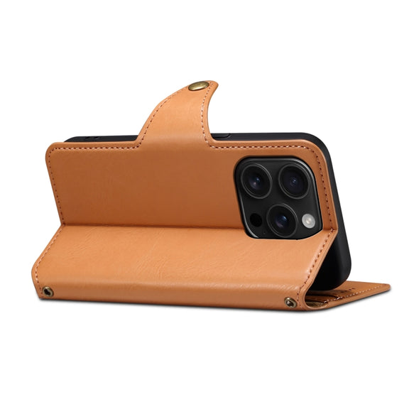 For iPhone 16 Pro Denior Cowhide Texture Wallet Style Leather Phone Case(Khaki)
