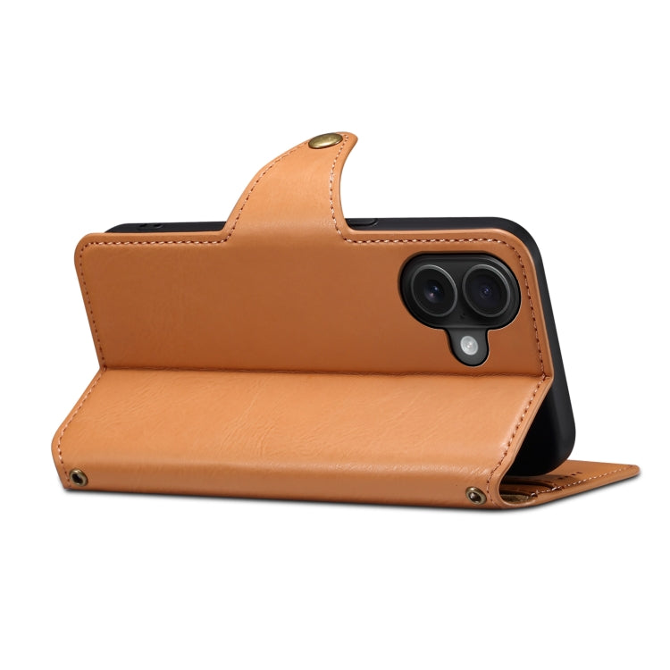 For iPhone 16 Plus Denior Cowhide Texture Wallet Style Leather Phone Case(Khaki)
