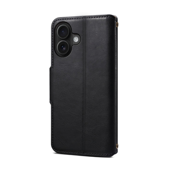 For iPhone 16 Denior Cowhide Texture Wallet Style Leather Phone Case(Black)
