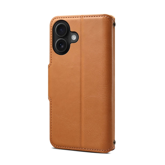 For iPhone 16 Denior Cowhide Texture Wallet Style Leather Phone Case(Khaki)