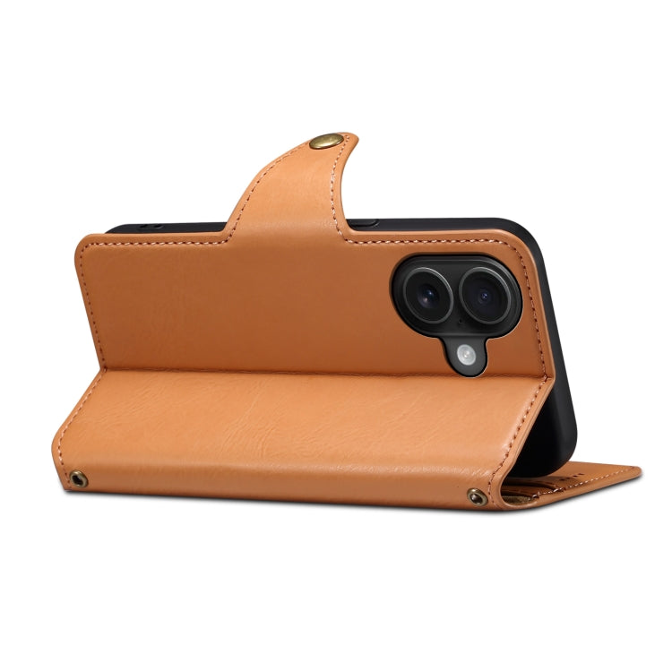 For iPhone 16 Denior Cowhide Texture Wallet Style Leather Phone Case(Khaki)