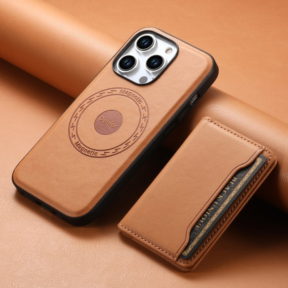 For iPhone 15 Denior Cowhide Texture Leather MagSafe Detachable Wallet Phone Case(Khaki)