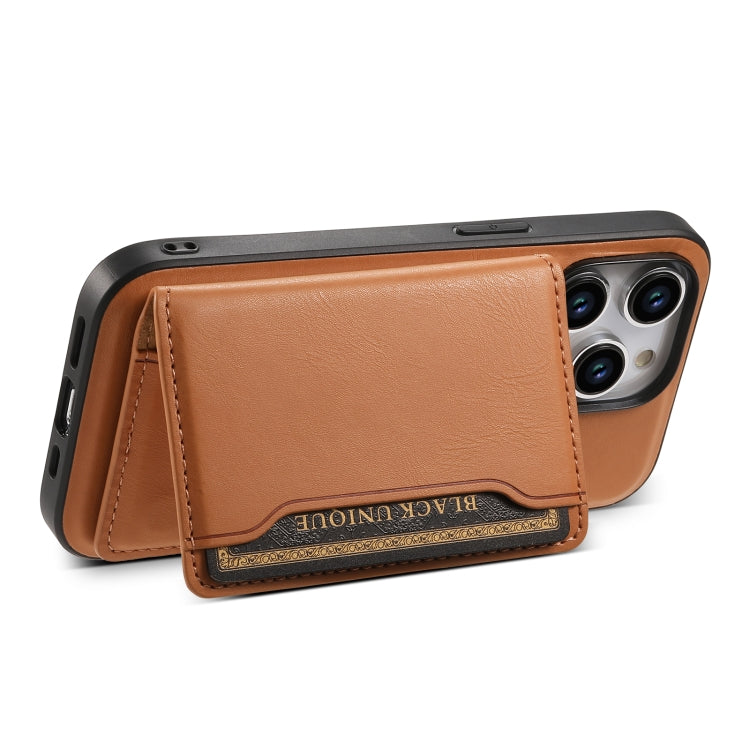 For iPhone 15 Denior Cowhide Texture Leather MagSafe Detachable Wallet Phone Case(Khaki)