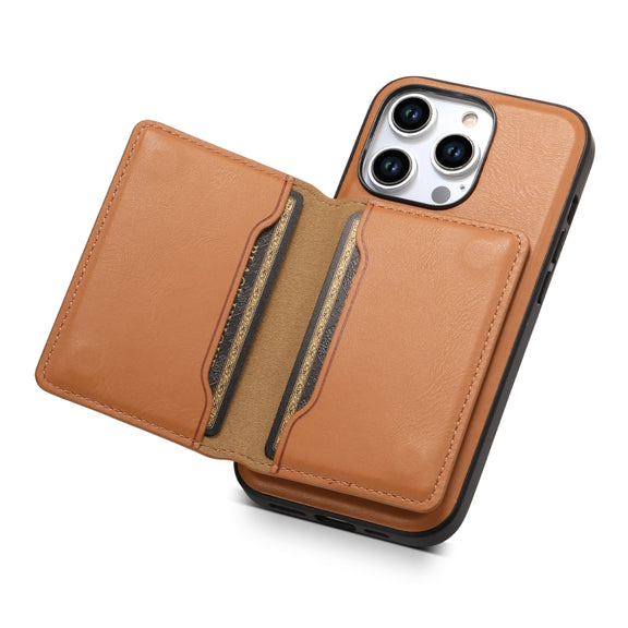 For iPhone 15 Denior Cowhide Texture Leather MagSafe Detachable Wallet Phone Case(Khaki)