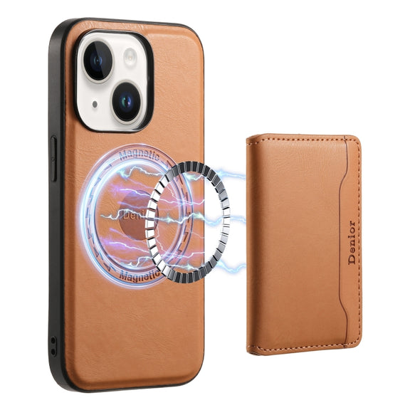 For iPhone 13 Denior Cowhide Texture Leather MagSafe Detachable Wallet Phone Case(Khaki)