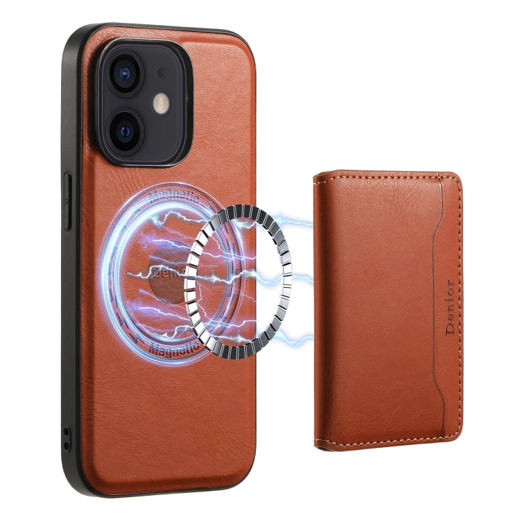 For iPhone 12 Denior Cowhide Texture Leather MagSafe Detachable Wallet Phone Case(Brown)