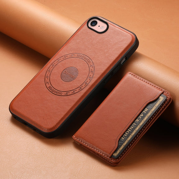 For iPhone SE 2022/2020/8/7 Denior Cowhide Texture Leather MagSafe Detachable Wallet Phone Case(Brown)