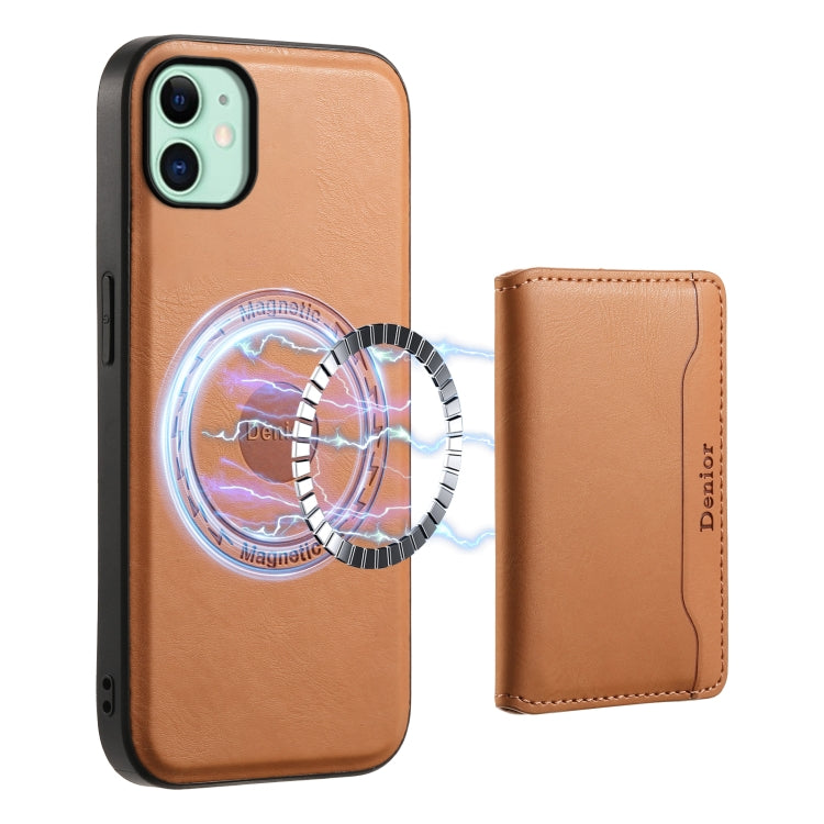 For iPhone 11 Denior Cowhide Texture Leather MagSafe Detachable Wallet Phone Case(Khaki)