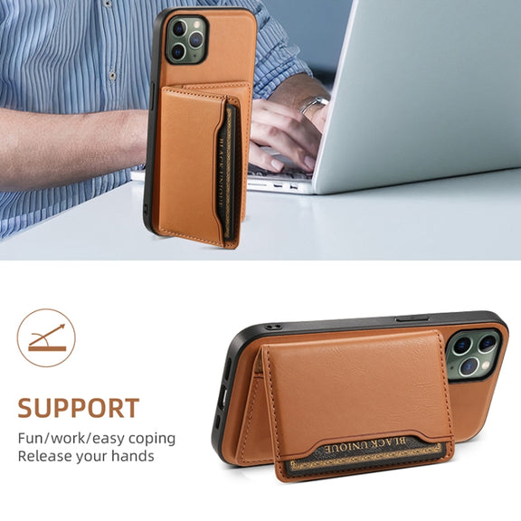 For iPhone 11 Pro Denior Cowhide Texture Leather MagSafe Detachable Wallet Phone Case(Khaki)