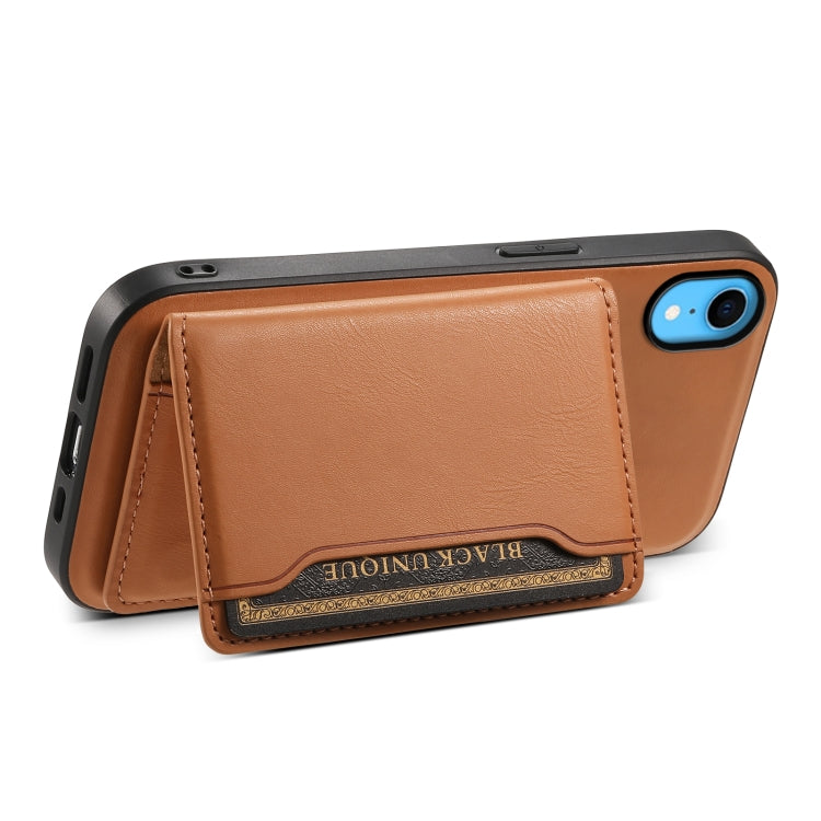 For iPhone XR Denior Cowhide Texture Leather MagSafe Detachable Wallet Phone Case(Khaki)