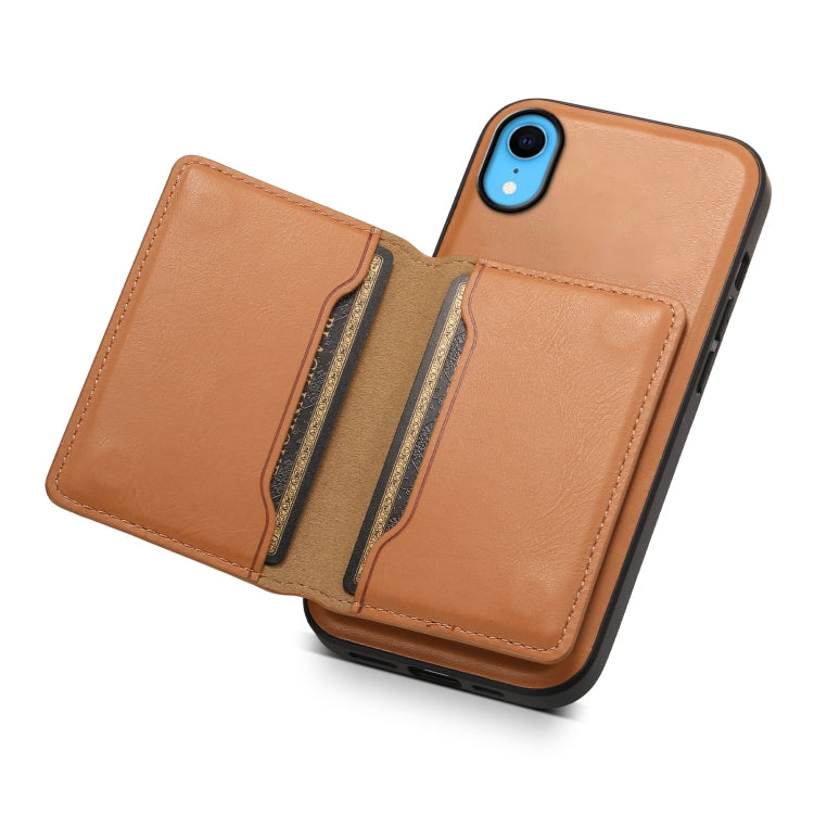 For iPhone XR Denior Cowhide Texture Leather MagSafe Detachable Wallet Phone Case(Khaki)