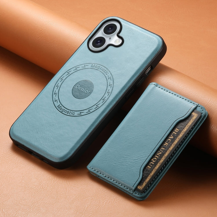For iPhone 16 Denior Cowhide Texture Leather MagSafe Detachable Wallet Phone Case(Blue)