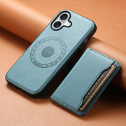 For iPhone 16 Denior Cowhide Texture Leather MagSafe Detachable Wallet Phone Case(Blue)