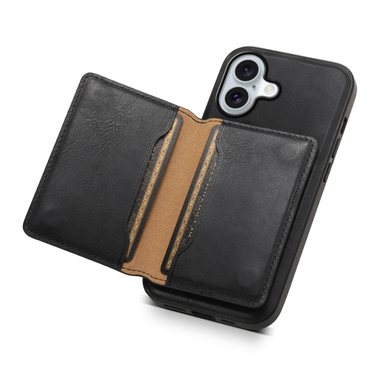 For iPhone 16 Denior Cowhide Texture Leather MagSafe Detachable Wallet Phone Case(Black)