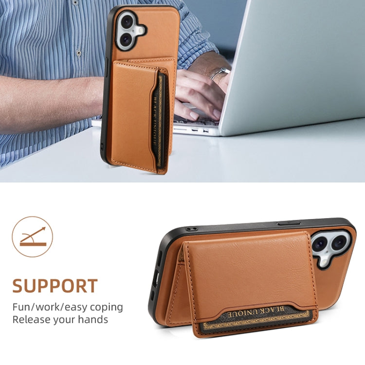 For iPhone 16 Denior Cowhide Texture Leather MagSafe Detachable Wallet Phone Case(Khaki)