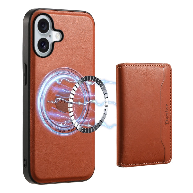 For iPhone 16 Denior Cowhide Texture Leather MagSafe Detachable Wallet Phone Case(Brown)