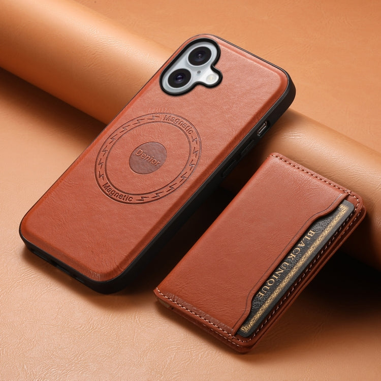 For iPhone 16 Denior Cowhide Texture Leather MagSafe Detachable Wallet Phone Case(Brown)