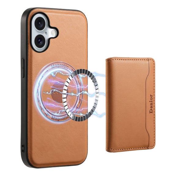 For iPhone 16 Plus Denior Cowhide Texture Leather MagSafe Detachable Wallet Phone Case(Khaki)