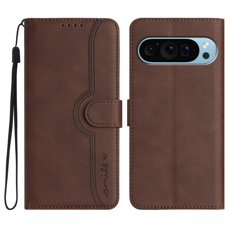 For Google Pixel 9 Pro Heart Pattern Skin Feel Leather Phone Case(Brown)