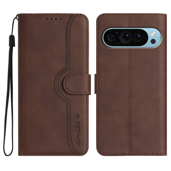For Google Pixel 9 Heart Pattern Skin Feel Leather Phone Case(Brown)