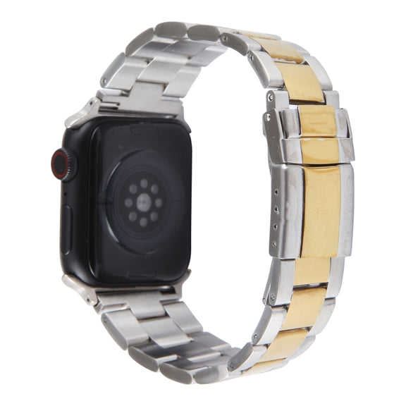 For Apple Watch 42mm Three-Bead Stainless Steel Watch Band(Silver Gold)