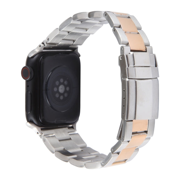 For Apple Watch 42mm Three-Bead Stainless Steel Watch Band(Silver Rose Gold)