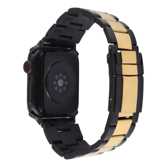 For Apple Watch 38mm Three-Bead Stainless Steel Watch Band(Black Gold)