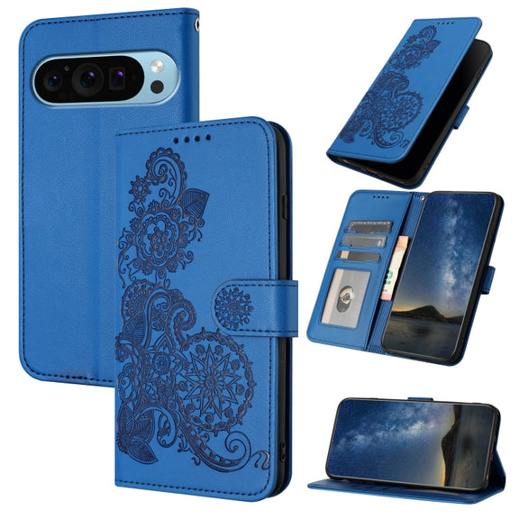 For Google Pixel 9 Pro Datura Flower Embossed Flip Leather Phone Case(Blue)