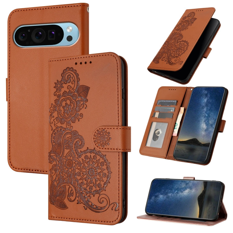 For Google Pixel 9 Datura Flower Embossed Flip Leather Phone Case(Brown)