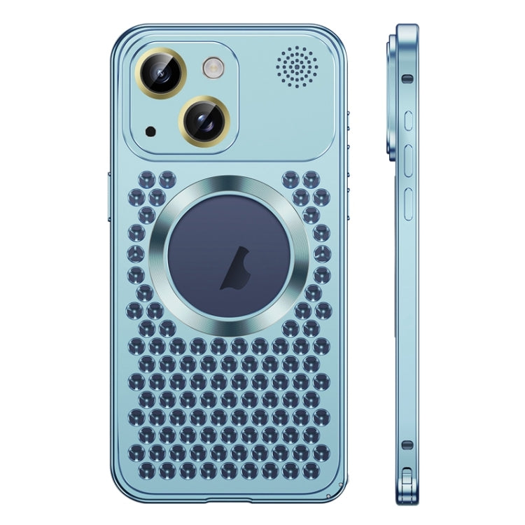 For iPhone 14 Plus Spring Buckle MagSafe Magnetic Metal Aromatherapy Phone Case(Blue)