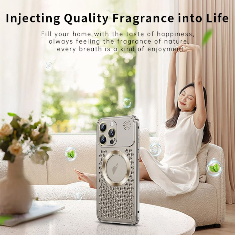 For iPhone 13 Pro Spring Buckle MagSafe Magnetic Metal Aromatherapy Phone Case(Blue)