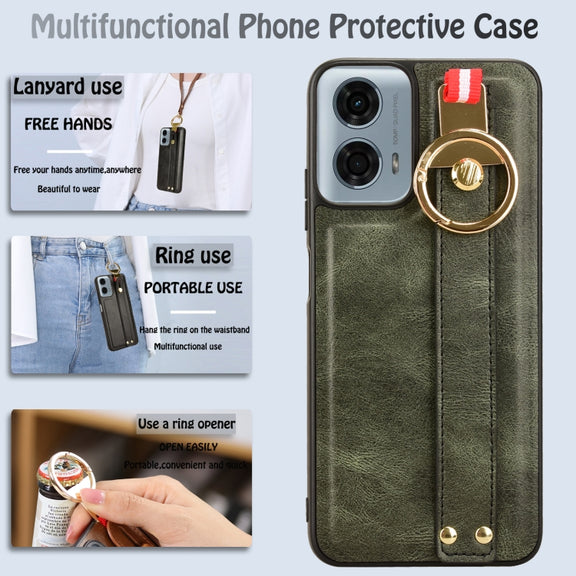 For Motorola Moto G Power 2024 Wristband Leather Back Phone Case(Green)