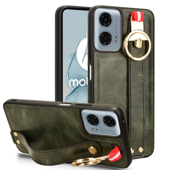 For Motorola Moto G Power 2024 Wristband Leather Back Phone Case(Green)
