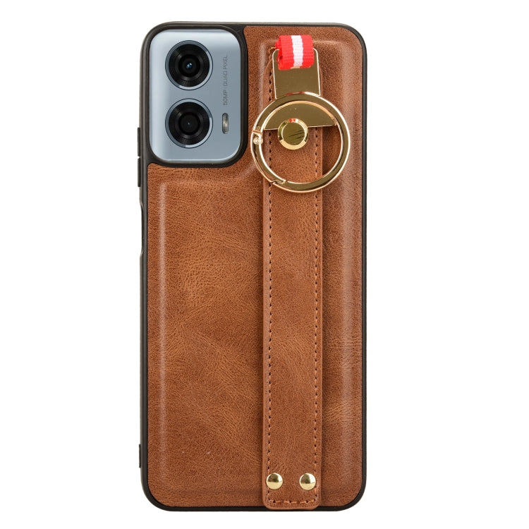For Motorola Moto G Power 2024 Wristband Leather Back Phone Case(Brown)