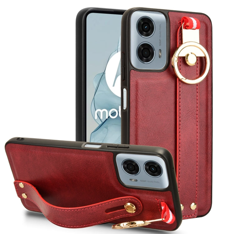 For Motorola Moto G Play 5G 2024 Wristband Leather Back Phone Case(Red)