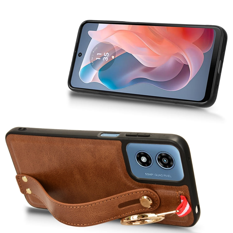 For Motorola Moto G Play 4G 2024 Wristband Leather Back Phone Case(Brown)