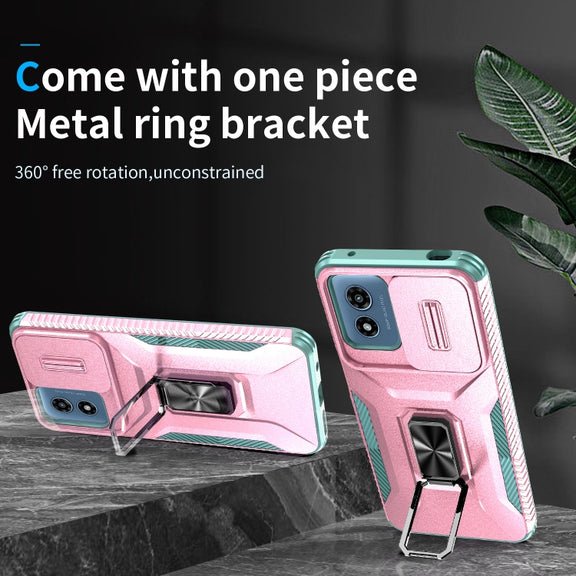For Motorola Moto G Play 2024 Sliding Camshield Holder Phone Case(Pink + Grey Green)