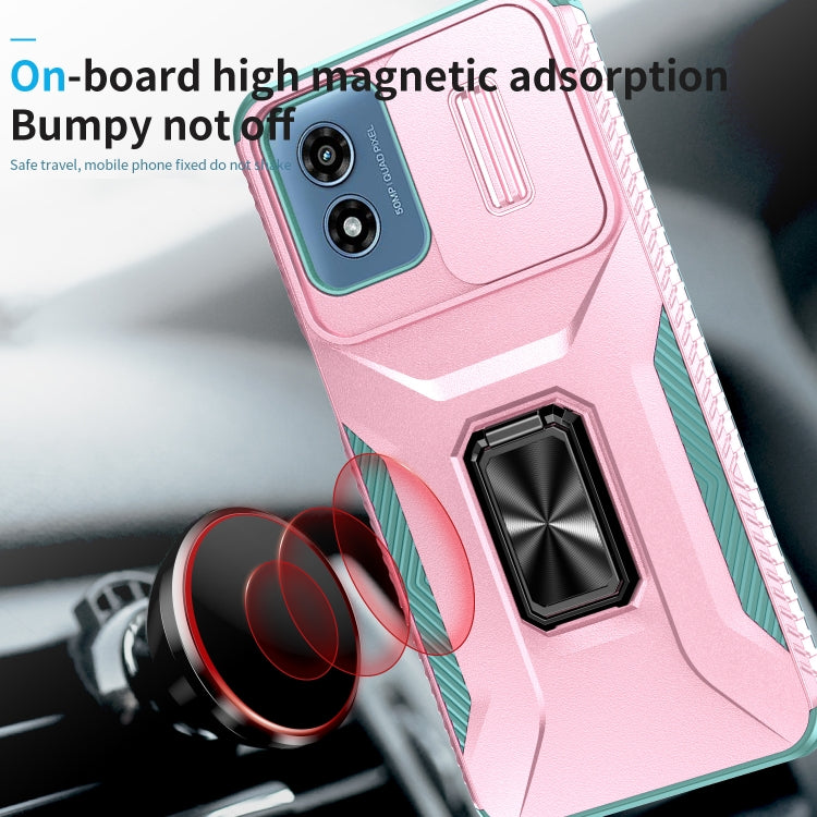For Motorola Moto G Play 2024 Sliding Camshield Holder Phone Case(Pink + Grey Green)