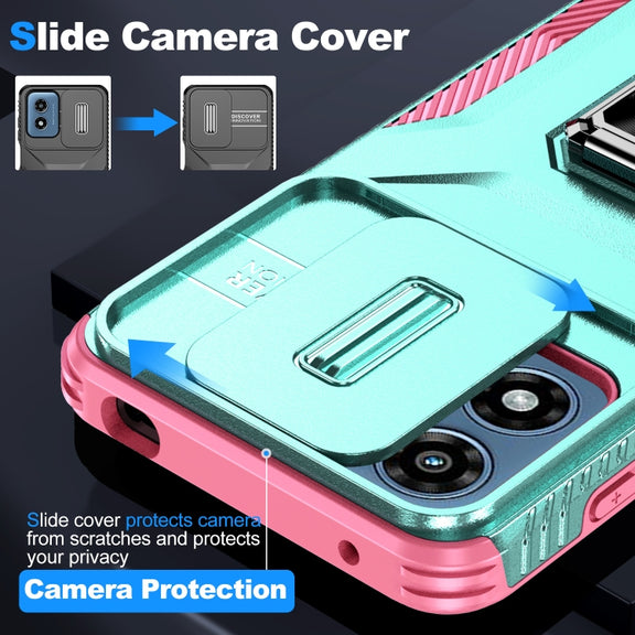 For Motorola Moto G Play 2024 Sliding Camshield Holder Phone Case(Grey Green + Pink)