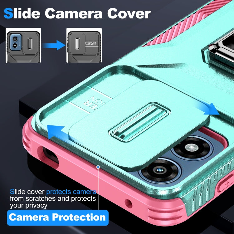 For Motorola Moto G Play 2024 Sliding Camshield Holder Phone Case(Grey Green + Pink)