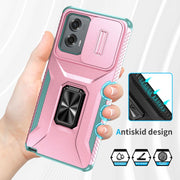 For Motorola Moto G Stylus 2024 Sliding Camshield Holder Phone Case(Pink + Grey Green)