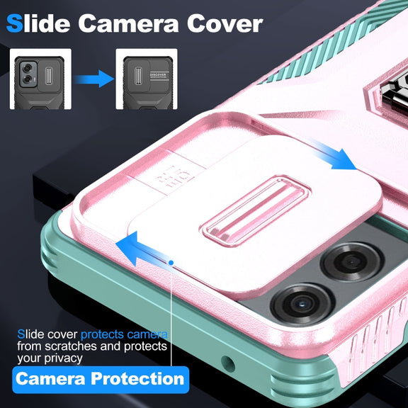 For Motorola Moto G Stylus 2024 Sliding Camshield Holder Phone Case(Pink + Grey Green)