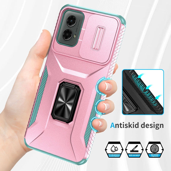 For Motorola Moto G 5G 2024 Sliding Camshield Holder Phone Case(Pink + Grey Green)
