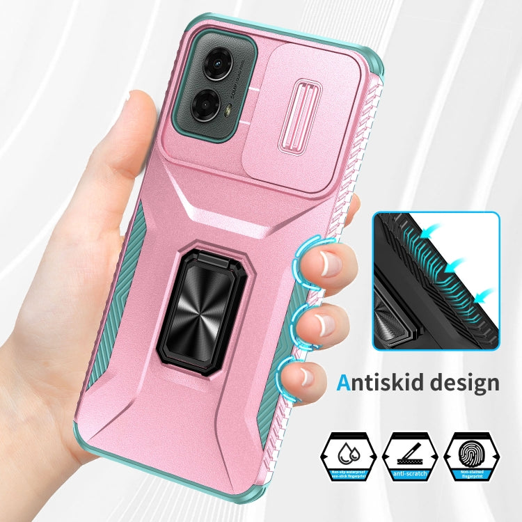 For Motorola Moto G 5G 2024 Sliding Camshield Holder Phone Case(Pink + Grey Green)