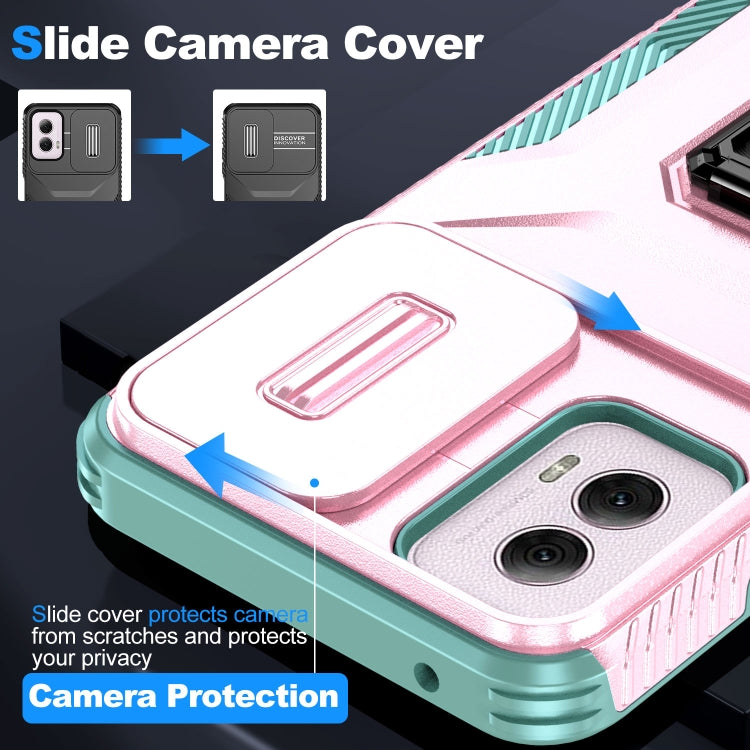 For Motorola Moto G Power 2024 Sliding Camshield Holder Phone Case(Pink + Grey Green)