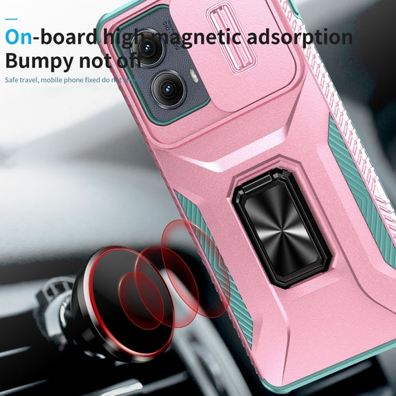 For Motorola Edge 5G 2024 Sliding Camshield Holder Phone Case(Pink + Grey Green)